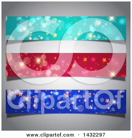 Clipart of a Set of Turquoise, Red and Blue Starry Bokeh Flare Christmas Website Header Borders, on Gray - Royalty Free Vector Illustration by KJ Pargeter