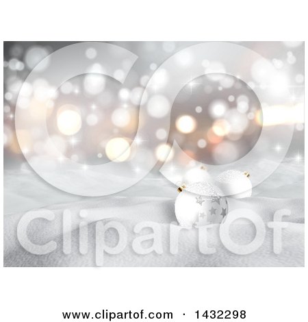 Clipart of a Christmas Background of 3d Bauble Ornaments in Snow over Blurred Bokeh Flares - Royalty Free Illustration by KJ Pargeter