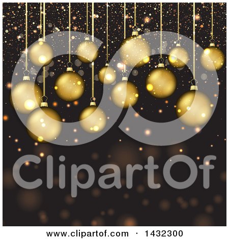 Clipart of a Christmas Background of Supsended 3d Gold Christmas Baubles and Confetti - Royalty Free Vector Illustration by KJ Pargeter