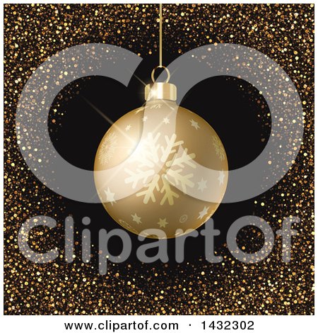 Clipart of a 3d Gold Snowflake Christmas Bauble in a Frame of Golden Glitter on Black - Royalty Free Vector Illustration by KJ Pargeter