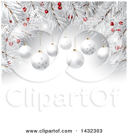 Clipart of a 3d Christmas Border Background of White Branches with Red Berries and Suspended Baubles over Text Space - Royalty Free Vector Illustration by KJ Pargeter