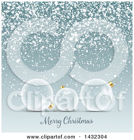 Clipart of a Merry Christmas Greeting Under 3d Transparent Glass Baubles and Snow - Royalty Free Vector Illustration by KJ Pargeter