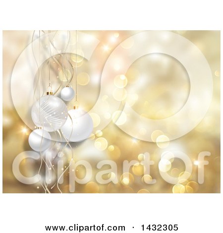 Clipart of a Christmas Background of 3d White Babules and Ribbons over Golden Bokeh Flares - Royalty Free Illustration by KJ Pargeter