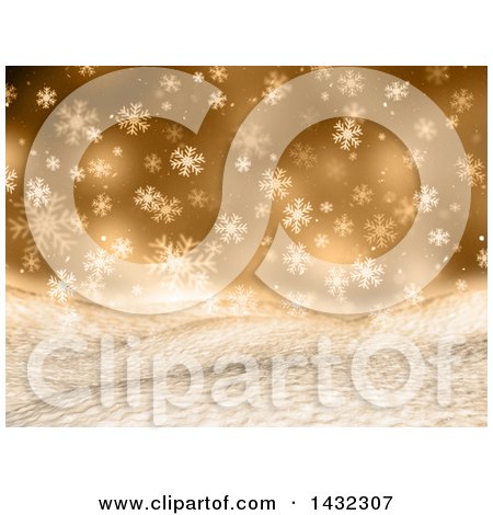 Clipart of a 3d Hilly Winter Landscape with Snowflakes on Gold - Royalty Free Illustration by KJ Pargeter
