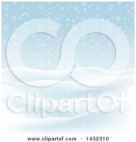 Clipart of a 3d Hilly Winter Landscape with Snow Falling and Blue Sky - Royalty Free Vector Illustration by KJ Pargeter