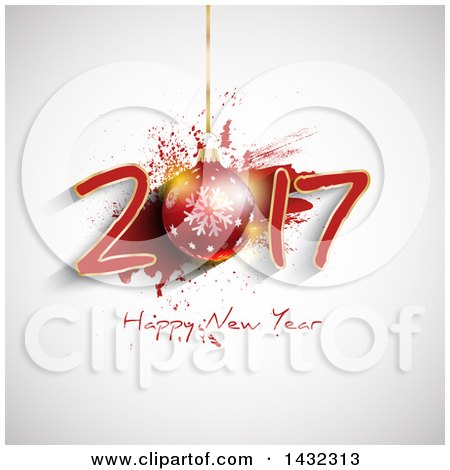 Clipart of a Happy New Year 2017 Greeting with a 3d Christmas Bauble and Red Splatter - Royalty Free Vector Illustration by KJ Pargeter