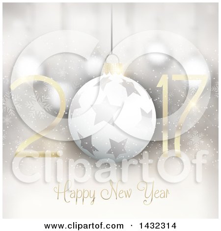 Clipart of a Happy New Year 2017 Greeting with a 3d White Star Christmas Bauble over Snowflakes - Royalty Free Vector Illustration by KJ Pargeter