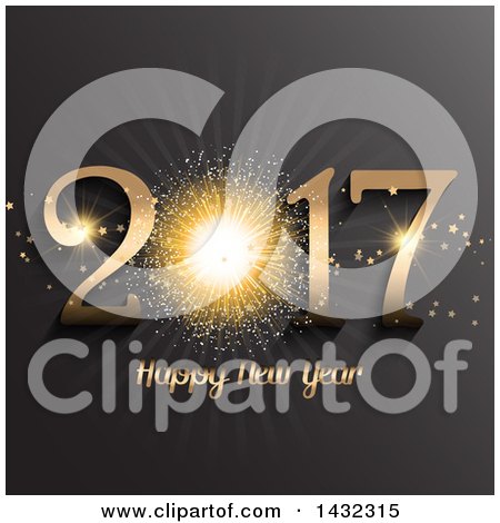Clipart of a 3d Happy New Year 2017 Greeting with a Gold Firework on Gray - Royalty Free Vector Illustration by KJ Pargeter