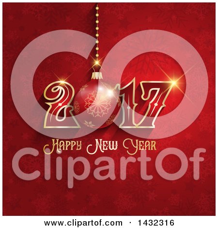 Clipart of a Happy New Year 2017 Greeting with a 3d Christmas Bauble over Red Snowflakes - Royalty Free Vector Illustration by KJ Pargeter