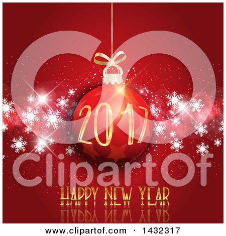 Clipart of a Happy New Year 2017 Greeting with a 3d Star Christmas Bauble over White Snowflakes on Red - Royalty Free Vector Illustration by KJ Pargeter