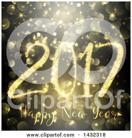 Clipart of a Happy New Year 2017 Greeting in Gold over Bokeh Flares - Royalty Free Vector Illustration by KJ Pargeter