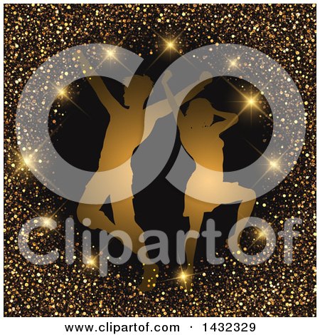 Clipart of a Silhouetted Couple Dancing in a Circle of Sparkles and Glitter on Black - Royalty Free Vector Illustration by KJ Pargeter