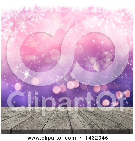 Clipart of a 3d Wood Table over Gradient Purple and Pink with Snowflakes and Bokeh Flares - Royalty Free Illustration by KJ Pargeter