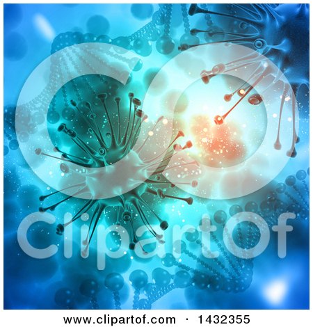 Clipart of a 3d Scientific Medical Background of Dna Strands and Viruses over Blue - Royalty Free Illustration by KJ Pargeter