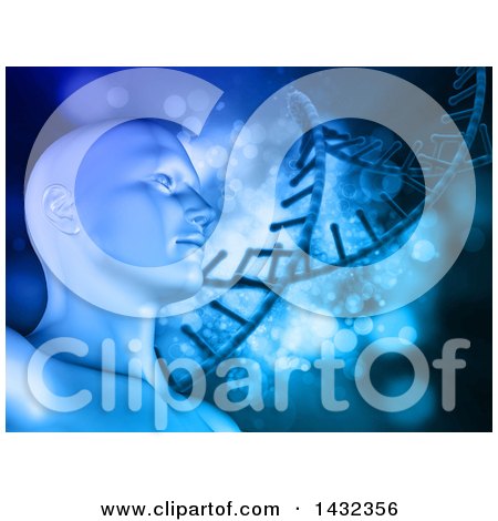 Clipart of a 3d Male Human Head with Flares of Light and Dna Strands in Blue Tones - Royalty Free Illustration by KJ Pargeter