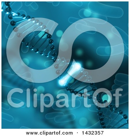 Clipart of a 3d Scientific Medical Background of Dna Strands, with One Piece Glowing, and Bacteria - Royalty Free Illustration by KJ Pargeter