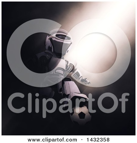 Clipart of a 3d Silver Robot Resting His Foot on a Soccer Ball in Dramatic Lighting - Royalty Free Illustration by KJ Pargeter