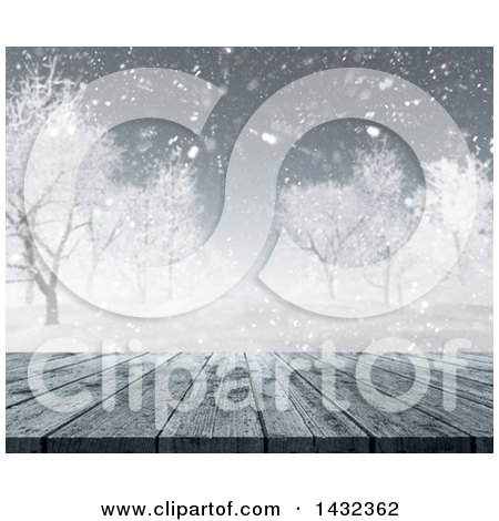 Clipart of a 3d Winter Landscape a Wood Deck and Falling Snow - Royalty Free Illustration by KJ Pargeter