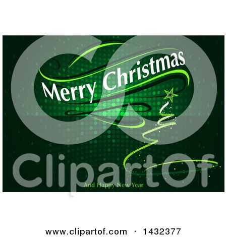 Clipart of a Merry Christmas and Happy New Year Greeting with a Ribbon Tree on Green Halftone - Royalty Free Vector Illustration by dero