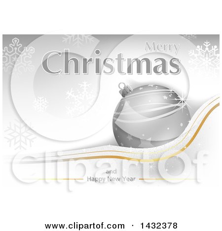 Clipart of a Merry Christmas and Happy New Year Greeting with a Silver Bauble Ornament over Snowflakes - Royalty Free Vector Illustration by dero