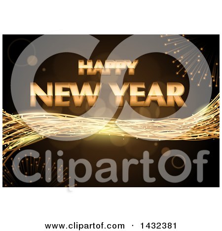 Clipart of a Golden Happy New Year Greeting with Fireworks - Royalty Free Vector Illustration by dero