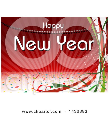 Clipart of a Happy New Year Greeting with Streamers and Confetti over Red - Royalty Free Vector Illustration by dero