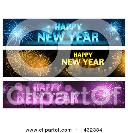 Clipart of Blue, Gold and Purple Happy New Year Greeting and Firework Website Header Banners - Royalty Free Vector Illustration by dero