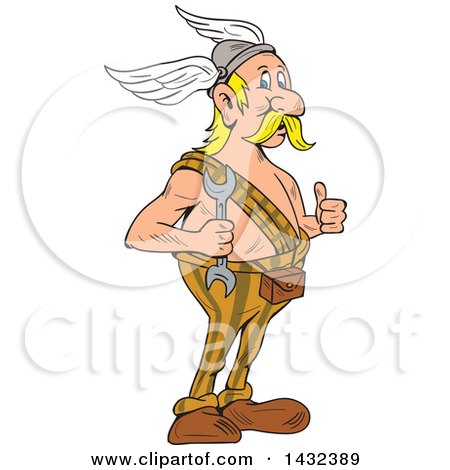 Clipart of a Cartoon Viking Repair Man Giving a Thumb up and Holding a Wrench - Royalty Free Vector Illustration by patrimonio
