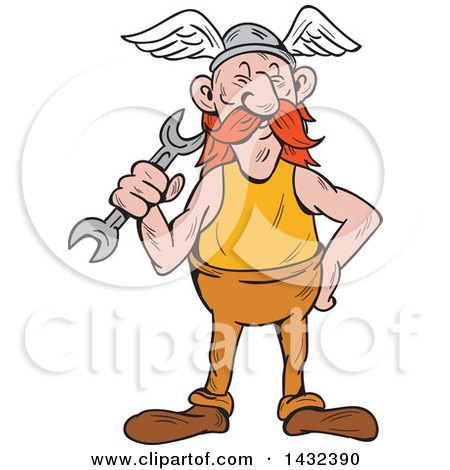 Clipart of a Cartoon Viking Repair Man Holding a Wrench - Royalty Free Vector Illustration by patrimonio