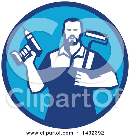 Clipart of a Retro Handy Man Holding a Paint Roller and a Cordless Drill in a Blue Circle - Royalty Free Vector Illustration by patrimonio
