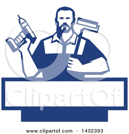 Clipart of a Retro Handy Man Holding a Paint Roller and a Cordless Drill over a Blue and White Frame - Royalty Free Vector Illustration by patrimonio