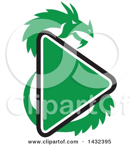 Clipart of a Retro Green Dragon and a Play Button - Royalty Free Vector Illustration by patrimonio