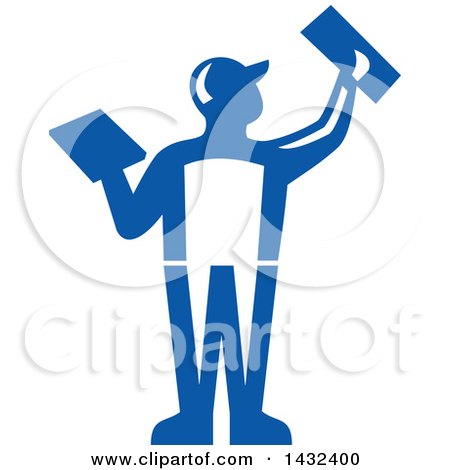 Clipart of a Rear View of a Retro Male Plasterer Worker Using Trowels in Blue and White - Royalty Free Vector Illustration by patrimonio