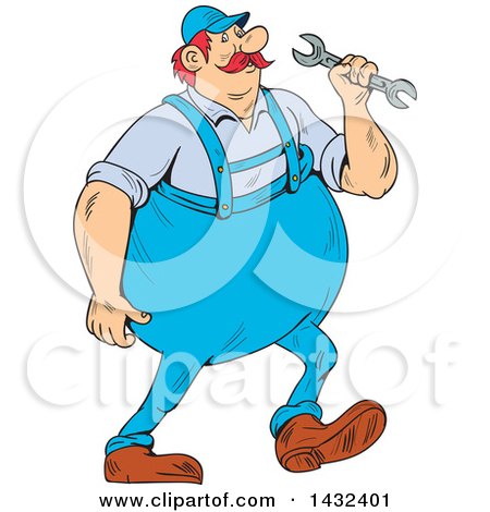 Clipart of a Cartoon Chubby German Repair Man Holding a Spanner Wrench and Walking - Royalty Free Vector Illustration by patrimonio