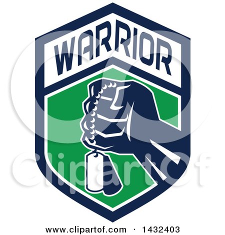 Clipart of a Retro Clenched Fist Holding Military Dog Tags in a Blue Green and and White Warrior Crest - Royalty Free Vector Illustration by patrimonio