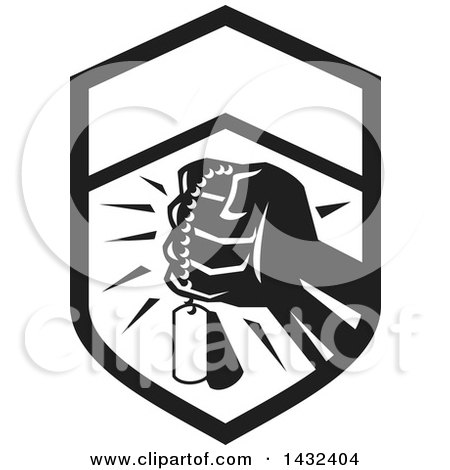 Clipart of a Retro Clenched Fist Holding Military Dog Tags in a Black and White Crest - Royalty Free Vector Illustration by patrimonio