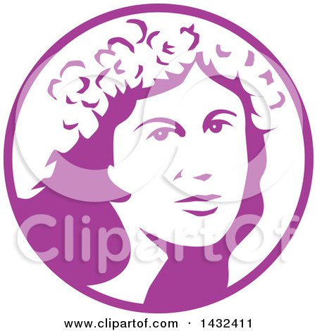 Clipart of a Retro Woman's Face with a Flower Crown in a White and Purple Circle - Royalty Free Vector Illustration by patrimonio