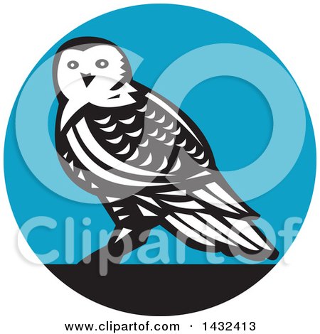 Clipart of a Retro Snowy Owl in a Black, White and Blue Circle - Royalty Free Vector Illustration by patrimonio