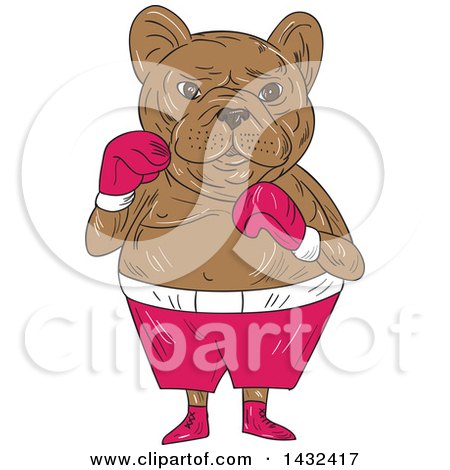 Clipart of a Sketched French Bulldog in Boxing Gloves and Shorts - Royalty Free Vector Illustration by patrimonio