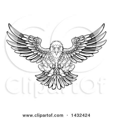 Clipart of a Woodcut Black and White Eagle Swooping down with Talons Extended - Royalty Free Vector Illustration by AtStockIllustration