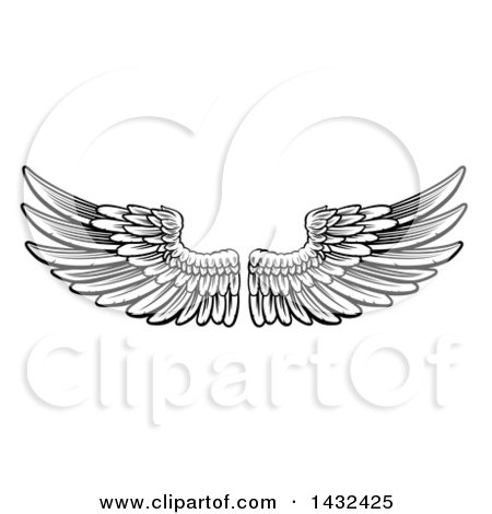 Clipart of a Woodcut Black and White Pair of Feathered Wings - Royalty Free Vector Illustration by AtStockIllustration