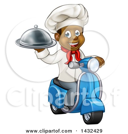 Clipart of a Cartoon Happy Black Male Chef Holding a Cloche Platter and Riding a Scooter - Royalty Free Vector Illustration by AtStockIllustration