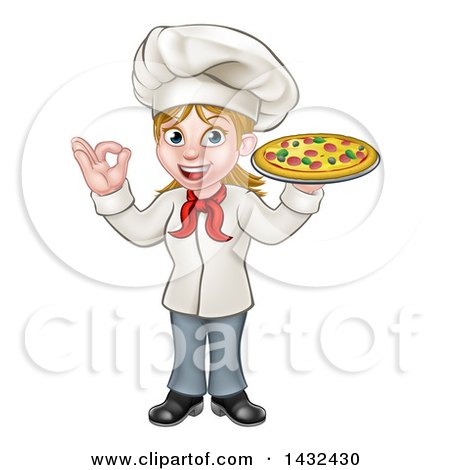 Clipart of a Cartoon Full Length Happy White Female Chef Gesturing Perfect and Holding a Pizza - Royalty Free Vector Illustration by AtStockIllustration