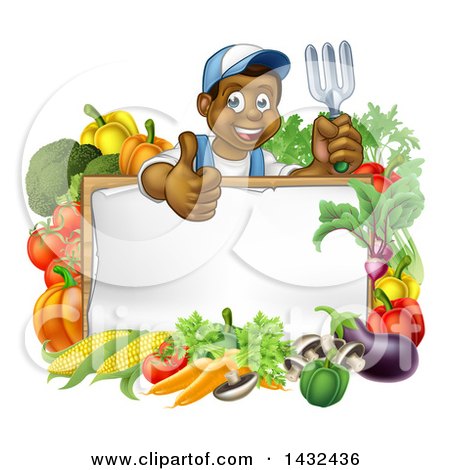 Clipart of a Cartoon Happy Black Male Gardener Holding up a Garden Fork and Giving a Thumb up over a Blank White Sign with Produce - Royalty Free Vector Illustration by AtStockIllustration