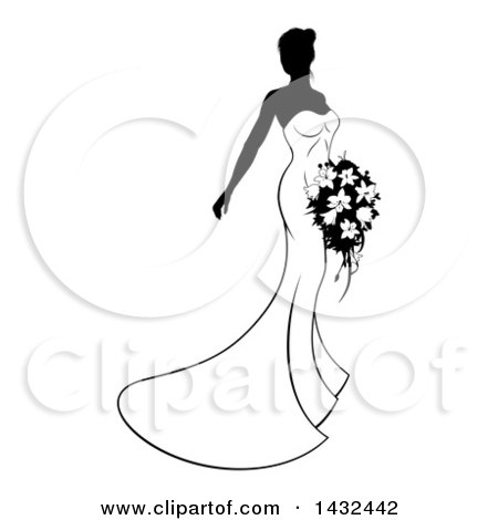 Clipart of a Silhouetted Black and White Bride Posing in a Wedding Gown - Royalty Free Vector Illustration by AtStockIllustration