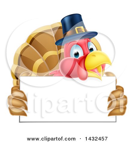 Clipart of a Thanksgiving Turkey Bird Wearing a Pilgrim Hat and Holding a Blank Sign - Royalty Free Vector Illustration by AtStockIllustration
