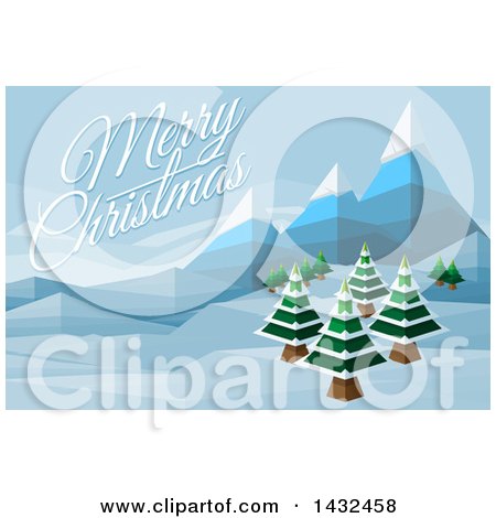 Clipart of a Merry Christmas Greeting over a Geometric Polygon Styled Winter Landscape with Mountains and Evergreen Trees - Royalty Free Vector Illustration by AtStockIllustration