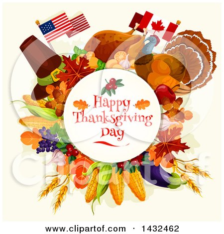 Clipart of a Happy Thanksgiving Day Greeting in a Circle with American and Canadian Flags and Food - Royalty Free Vector Illustration by Vector Tradition SM