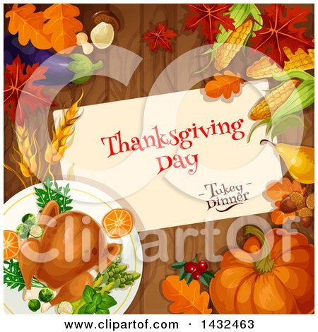 Clipart of a Festive Thanksgiving Design with a Roasted Turkey, Leaves and Produce on Wood - Royalty Free Vector Illustration by Vector Tradition SM