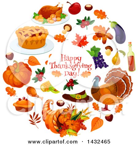 Clipart of a Happy Thanksgiving Day Greeting in a Circle with Food - Royalty Free Vector Illustration by Vector Tradition SM